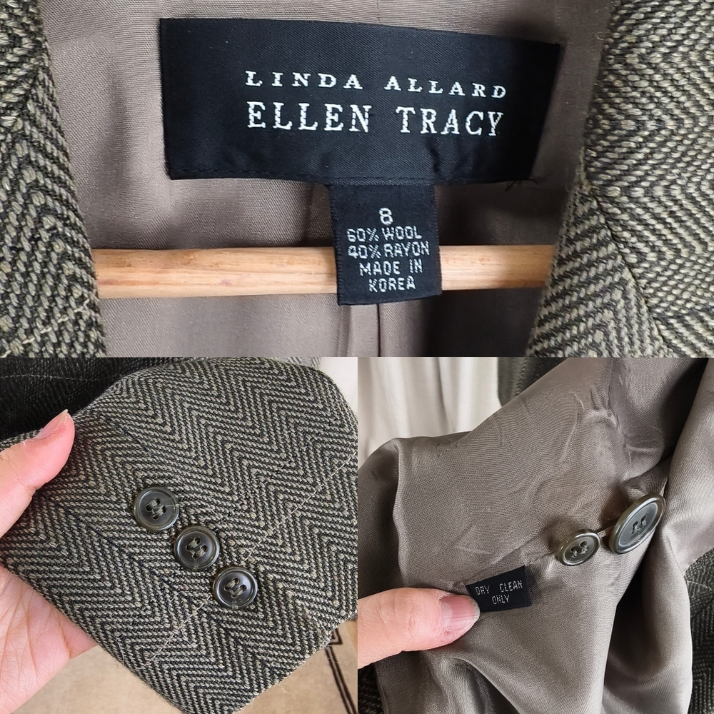 Vintage Wool Ellen Tracy Green Herringbone and Plaid Wool Blazer - Picture 8 of 8